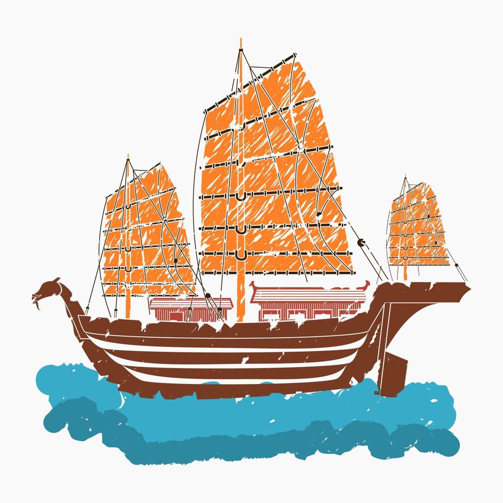 Editable Isolated Brush Strokes Style Side View Ancient Japanese or Oriental Ship on Water Vector Illustration for Tourism Travel Transportation and Historical or Cultural Education Related Design