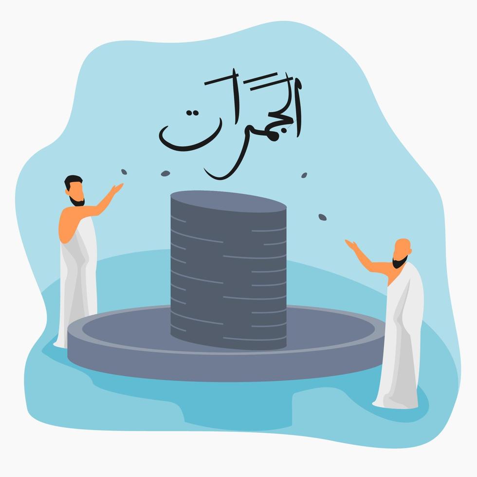 Editable Vector of Muslim Pilgrims Pelting Jamarat Stone Pillar Illustration in Flat Style for Artwork Elements of Islamic Hajj Pilgrimage Design Concept