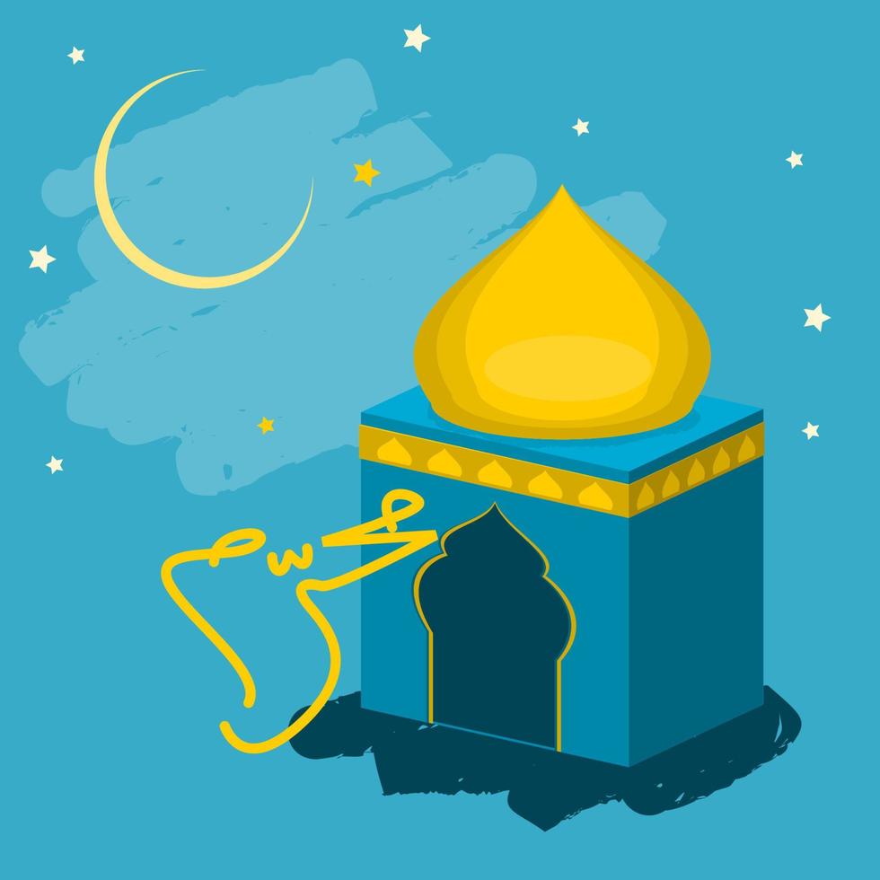 vector editable de ilustración en miniatura de mezquita isométrica con cielo nocturno y escritura árabe de muharram para el año nuevo hijri o el concepto de diseño del festival sagrado islámico