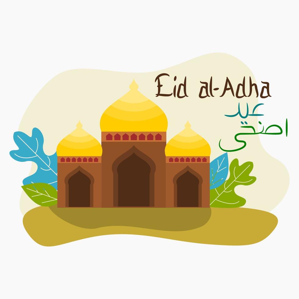 Editable Vector of Mosque with Leaves Illustration in Flat Style and Arabic Script of Eid Adha for Artwork Elements of or Islamic Holy Festival Design Concept