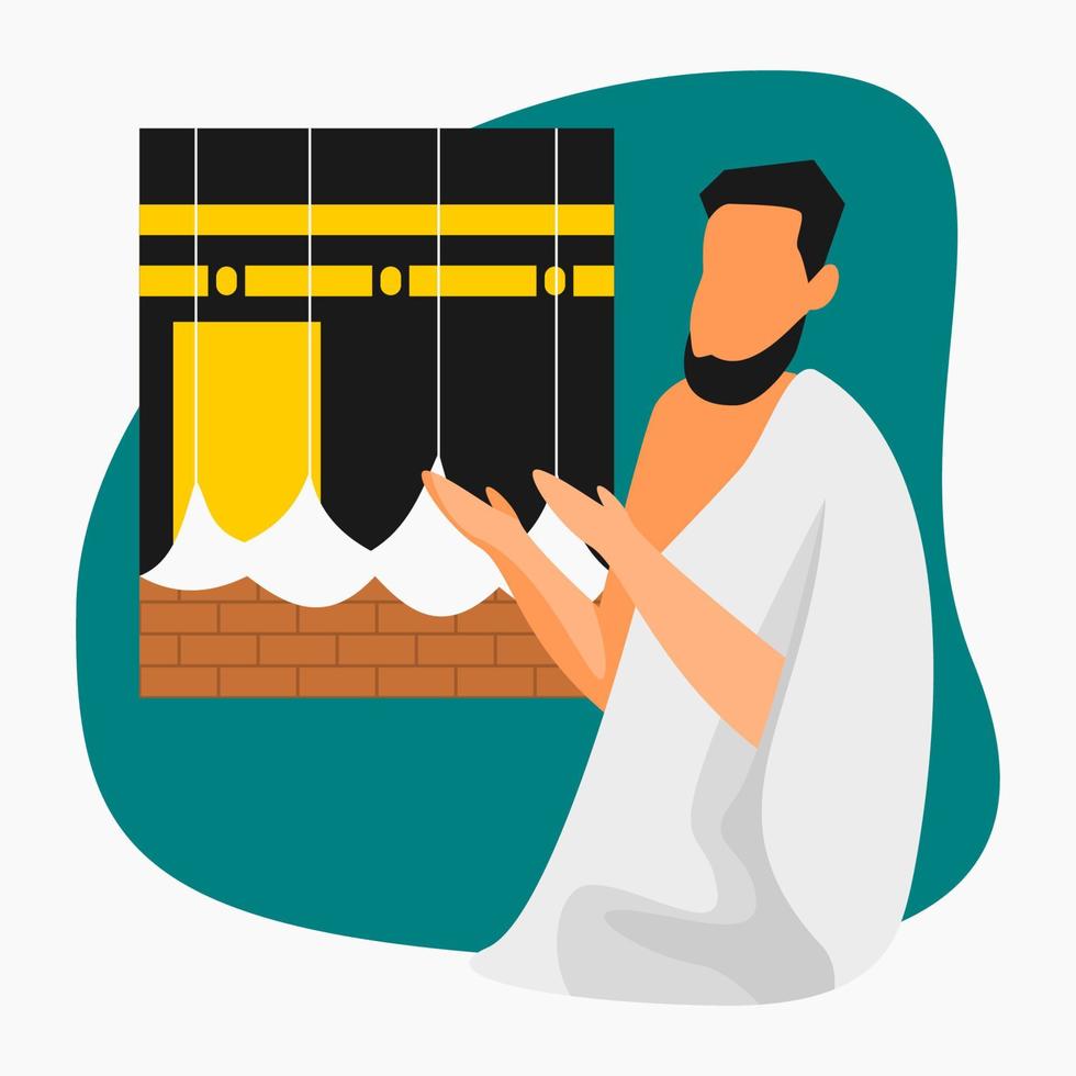 Editable Vector of Muslim Pilgrim Performing Praying Hands with Holy Kaaba Illustration for Artwork Elements of Islamic Hajj Pilgrimage Design Concept