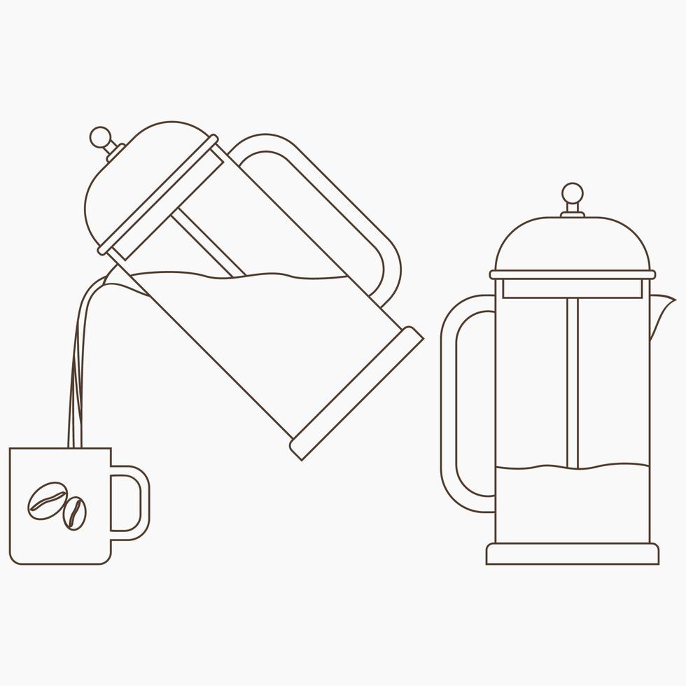 Editable Outline Style French Press Coffee Maker in Stand and Pouring into Mug Positions Vector Illustration for Cafe or Business Product Related Design Elements