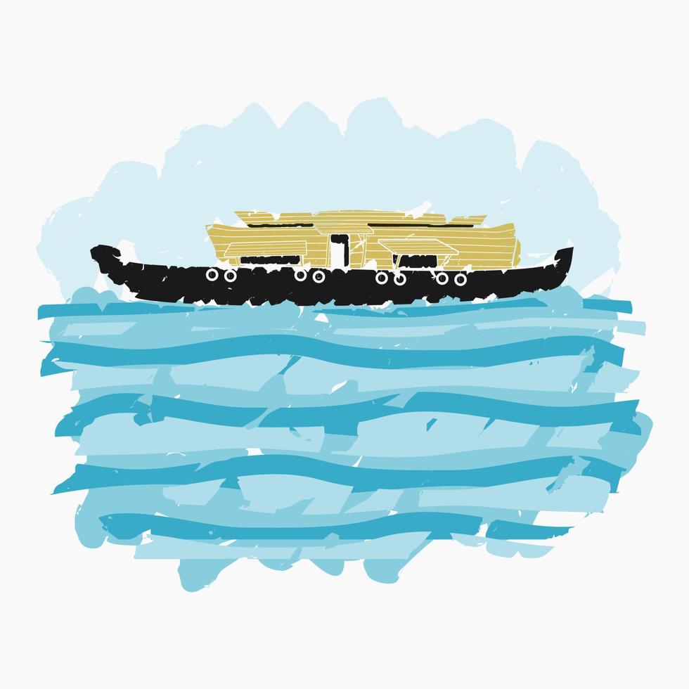 Editable Isolated Side View Brush Strokes Typical Indian Kerala Houseboat Backwater on Wavy Lake Vector Illustration for Artwork Element of Transportation or Recreation of Hindustan Related Design