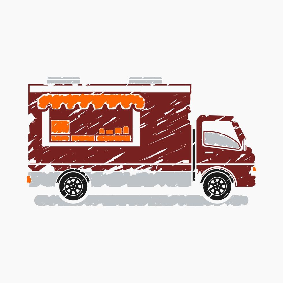 Editable Isolated Side View Mobile Food Truck Vector Illustration in Brush Strokes Style for Vehicle or Food and Drink Business Related Design