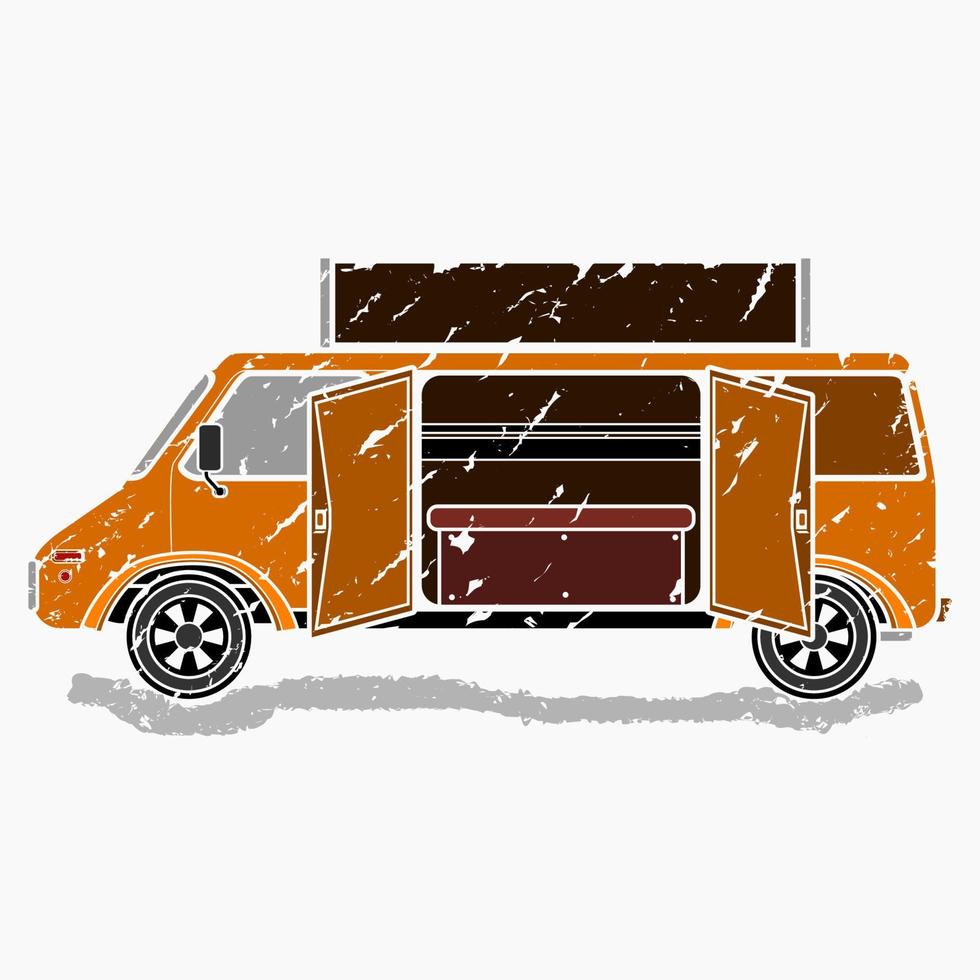 Editable Isolated Brush Strokes Style Side View Mobile Food Truck With Sign Board and Two Doors Vector Illustration for Artwork Element of Vehicle or Food and Drink Business Related Design