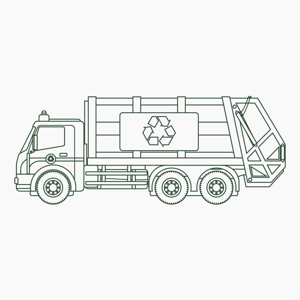 Editable Outline Style Side View Garbage Trucks Vector Illustration for Green Life and Environment Cleanliness Related Purposes