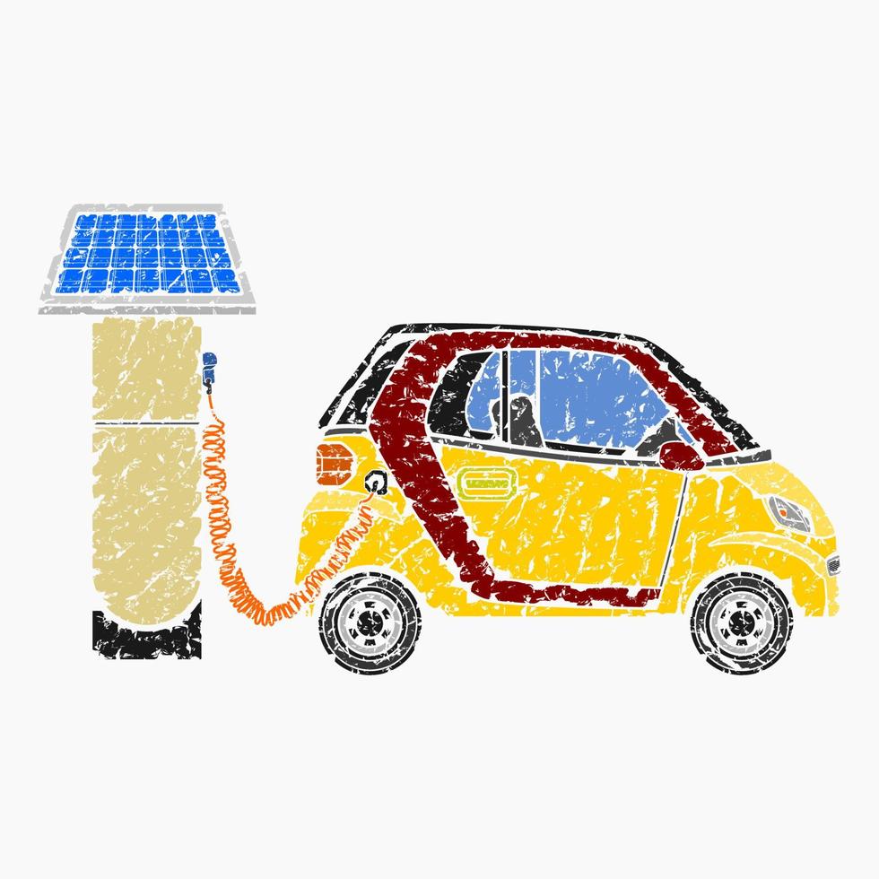 Editable Side View Solar Energy Electric Car Charging Vector Illustration in Brush Strokes Style for Futuristic Eco-friendly Vehicle and Green Life or Renewable Energy Campaign