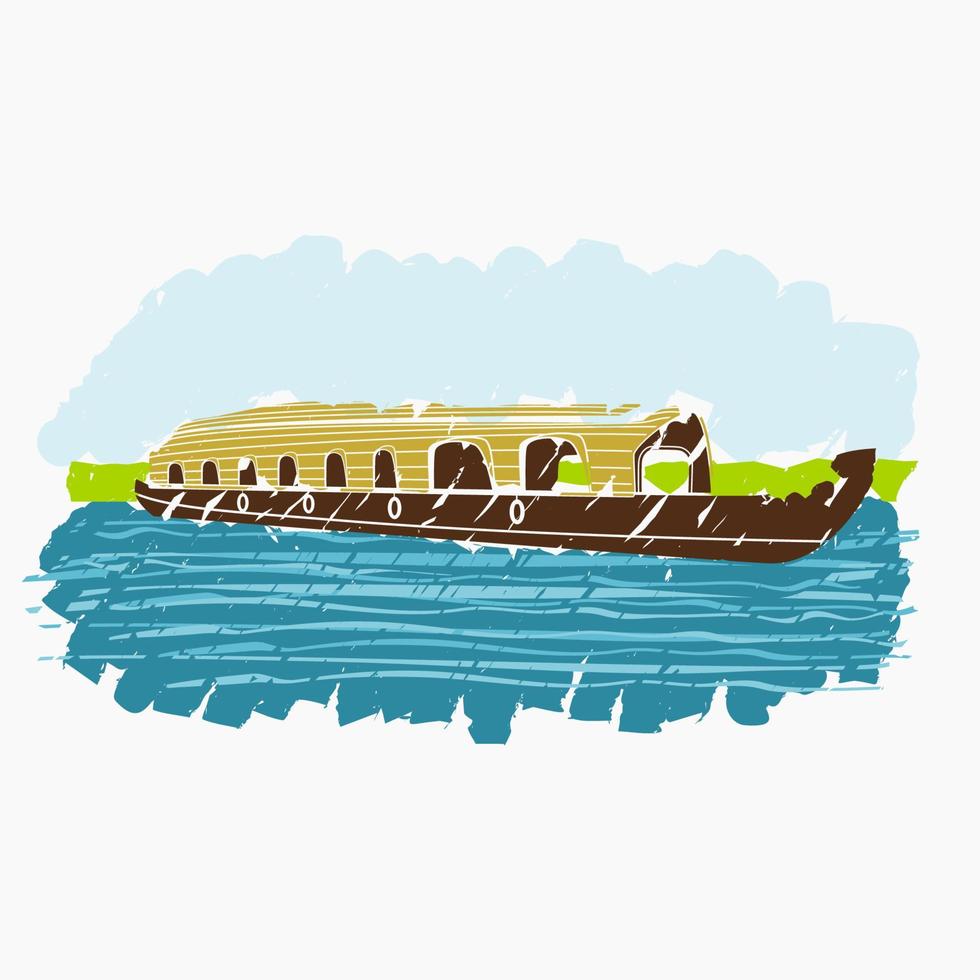 trazos de pincel de vista semioblicua aislados editables remanso de casa flotante de kerala indio en ilustración de vector de lago ondulado para elemento de arte de transporte o recreación de diseño relacionado con hindustán