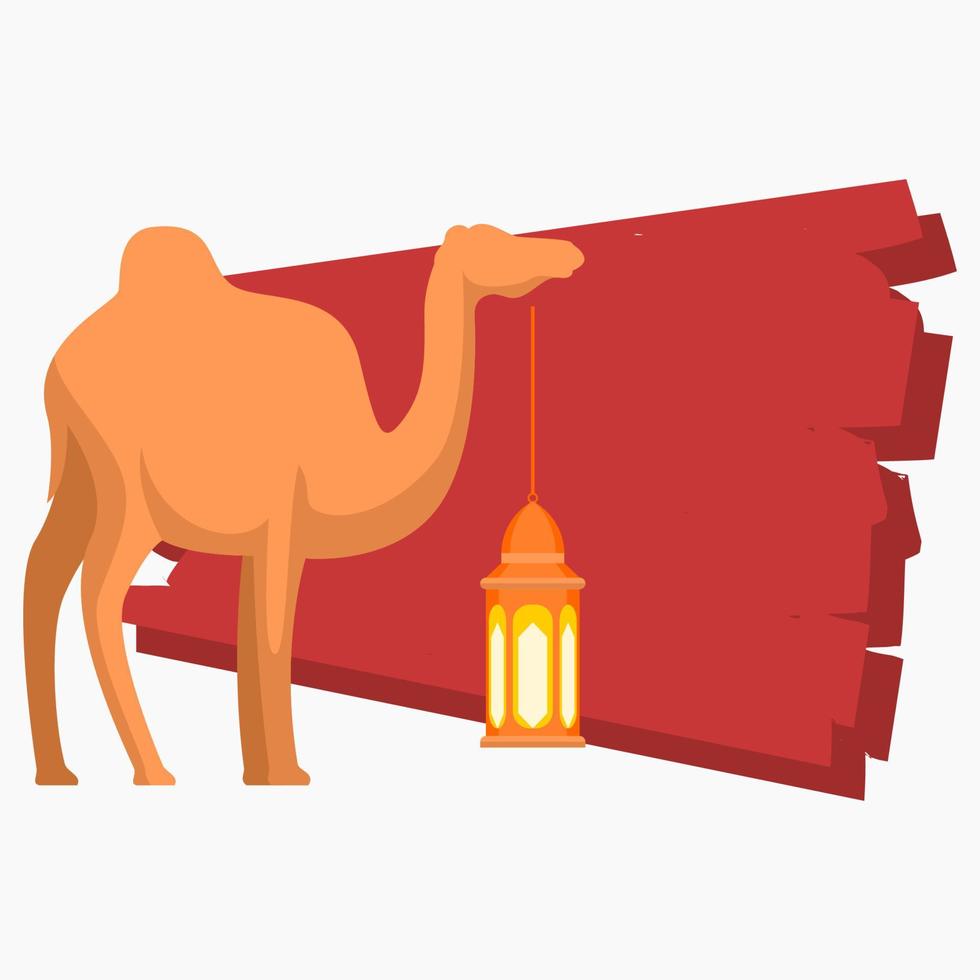 Editable Vector of Camel with Hanging Arabian Lantern Illustration for Artwork Elements of Eid Al-Adha or Islamic Holy Festival Design Concept