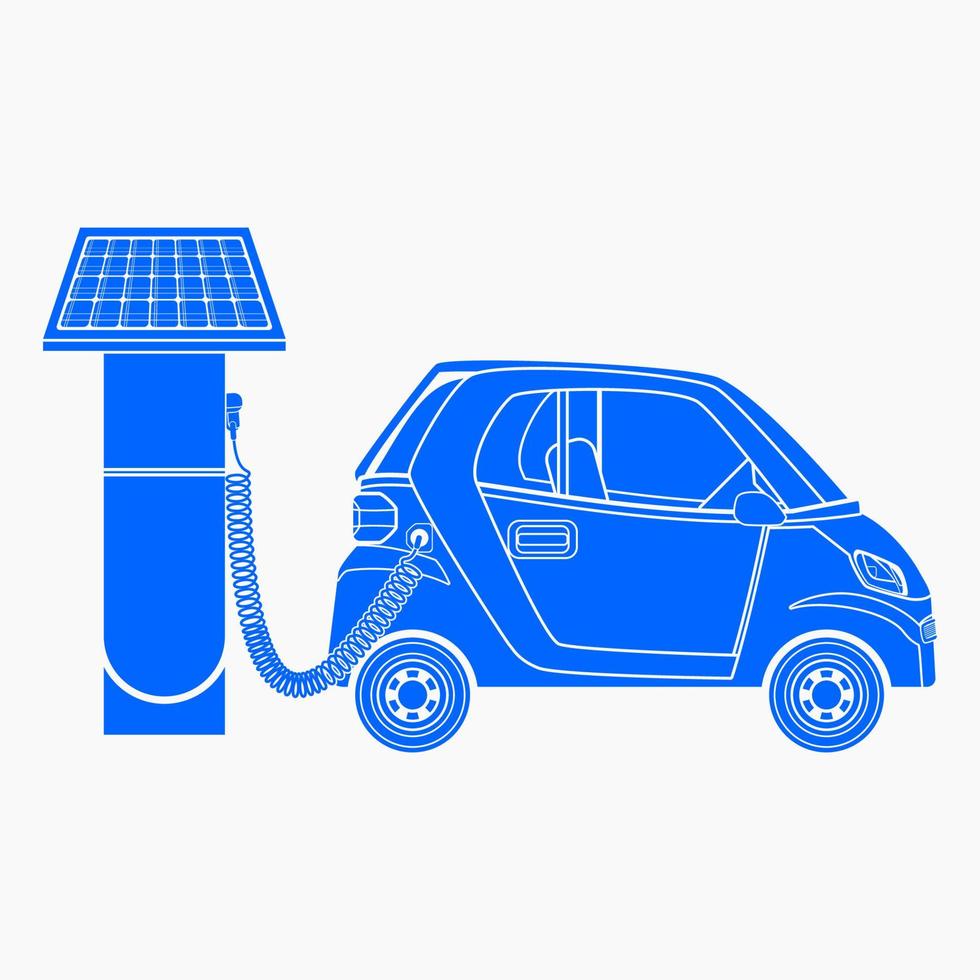 Editable Side View Solar Energy Electric Car Charging Vector Illustration in Flat Monochrome Style for Futuristic Eco-friendly Vehicle and Green Life or Renewable Energy Campaign