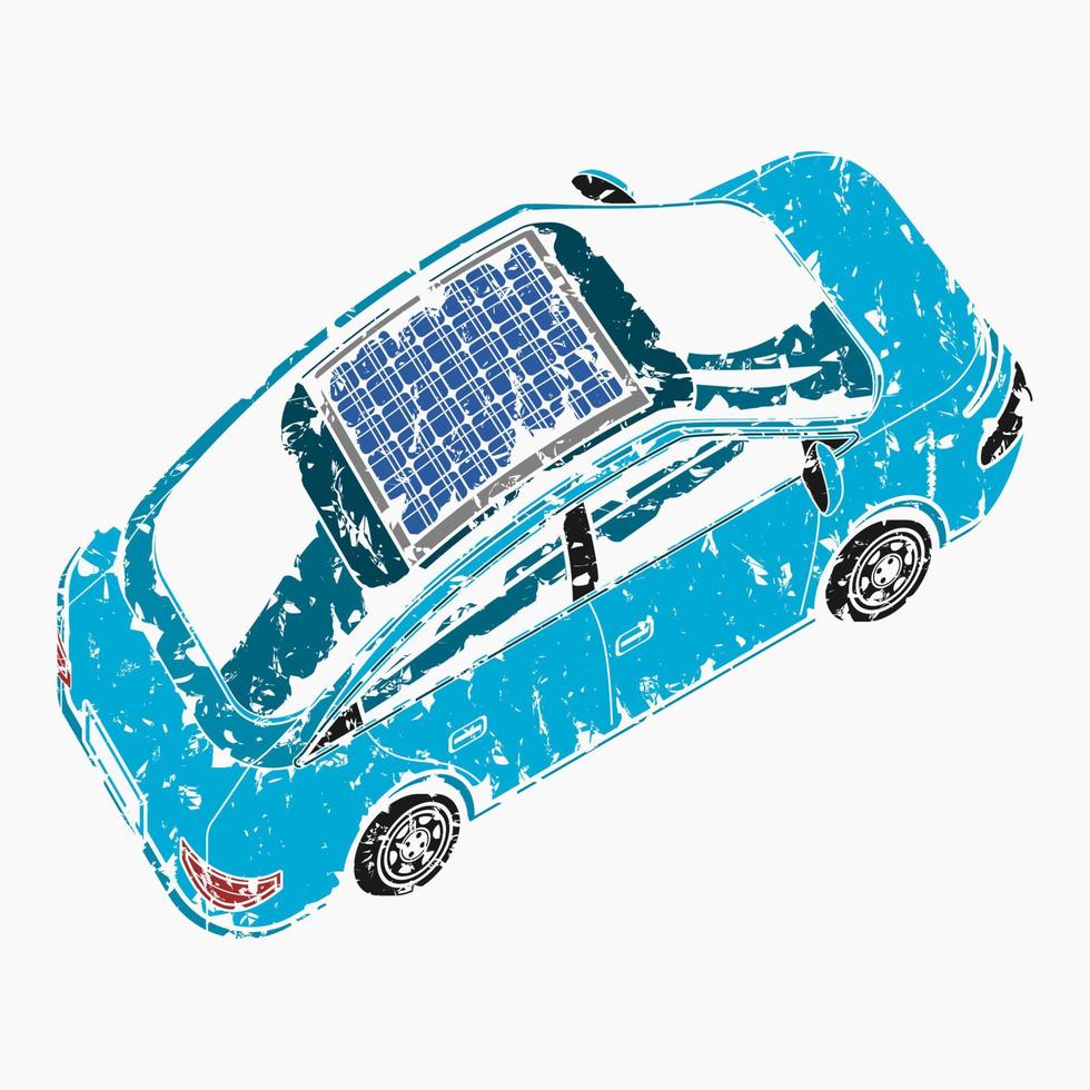 Editable Brush Strokes Style Three-Quarter Top Oblique Side Back View Electric Car With Solar Panel Vector Illustration for Futuristic Eco-friendly Vehicle and Green Life or Renewable Energy Design