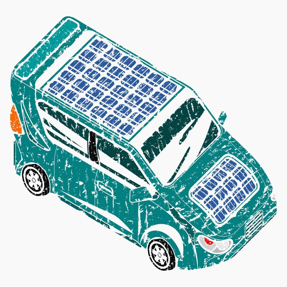 Editable Brush Strokes Style Isometric-like Three-Quarter Top Oblique Side Front View Electric Car With Solar Panel for Futuristic Eco-friendly Vehicle and Green Life or Renewable Energy Campaign vector