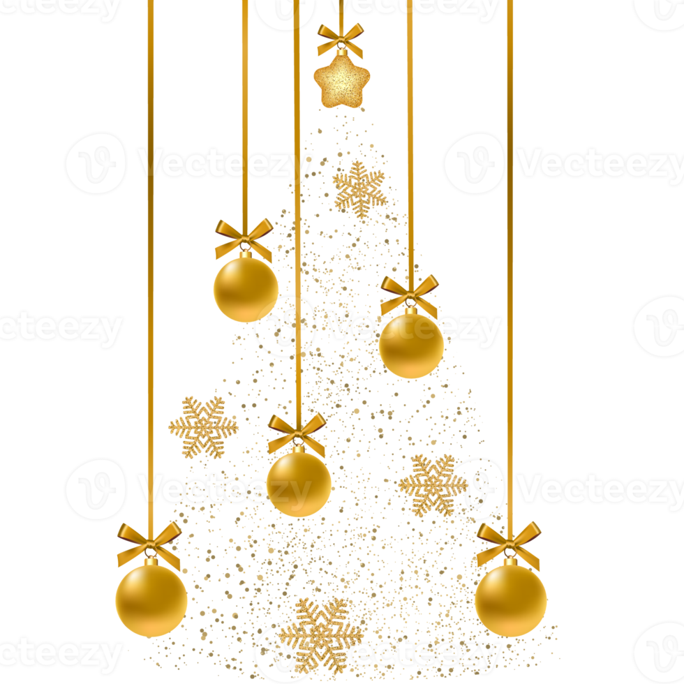 decoración del árbol de navidad. colgando bolas de oro de navidad, copo de nieve png