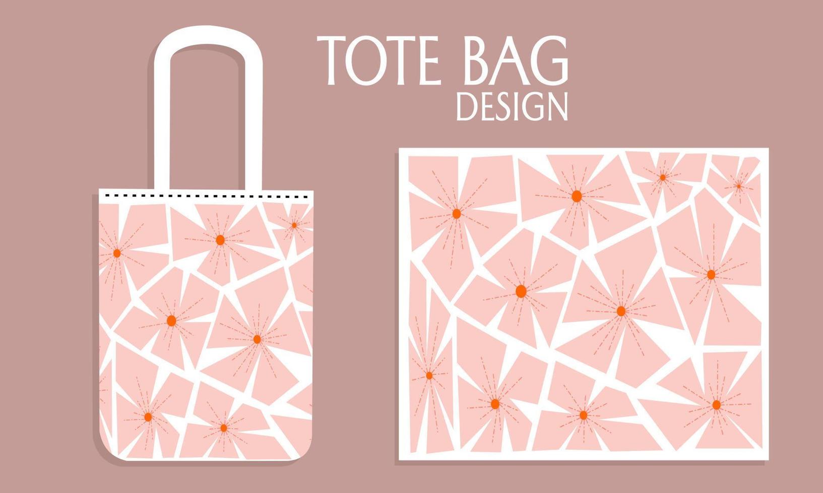 Textile tote bag for shopping mockup with abstract floral design. Vector illustration isolated on pink background.