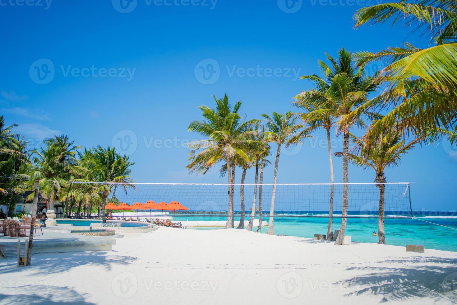 Umbrella and chair around swimming pool in hotel and resort for travel and vacation photo