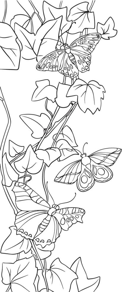 Liana with butterflies. Black and white vector drawing. For illustrations and colouring books.