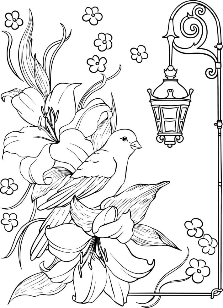 Lantern pole bird lily of the valley. Black and white vector drawing. For illustrations and colouring books.