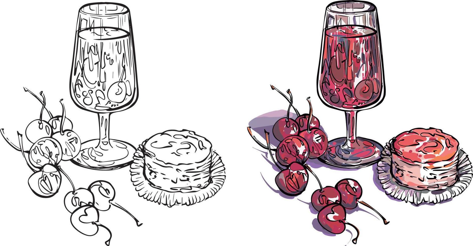 A glass with a cherry cocktail and a cake. Black and white and colour vector drawing. For colouring and illustrations. For menus in bars, cafes, restaurants and pubs