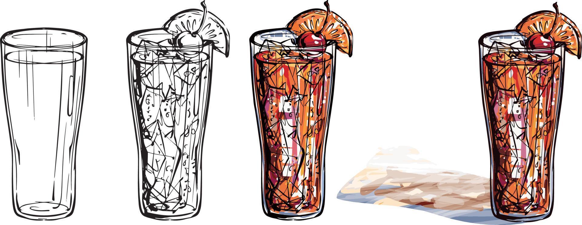 Cocktail glass set. Black and white and colour vector drawing. For colouring and illustration.