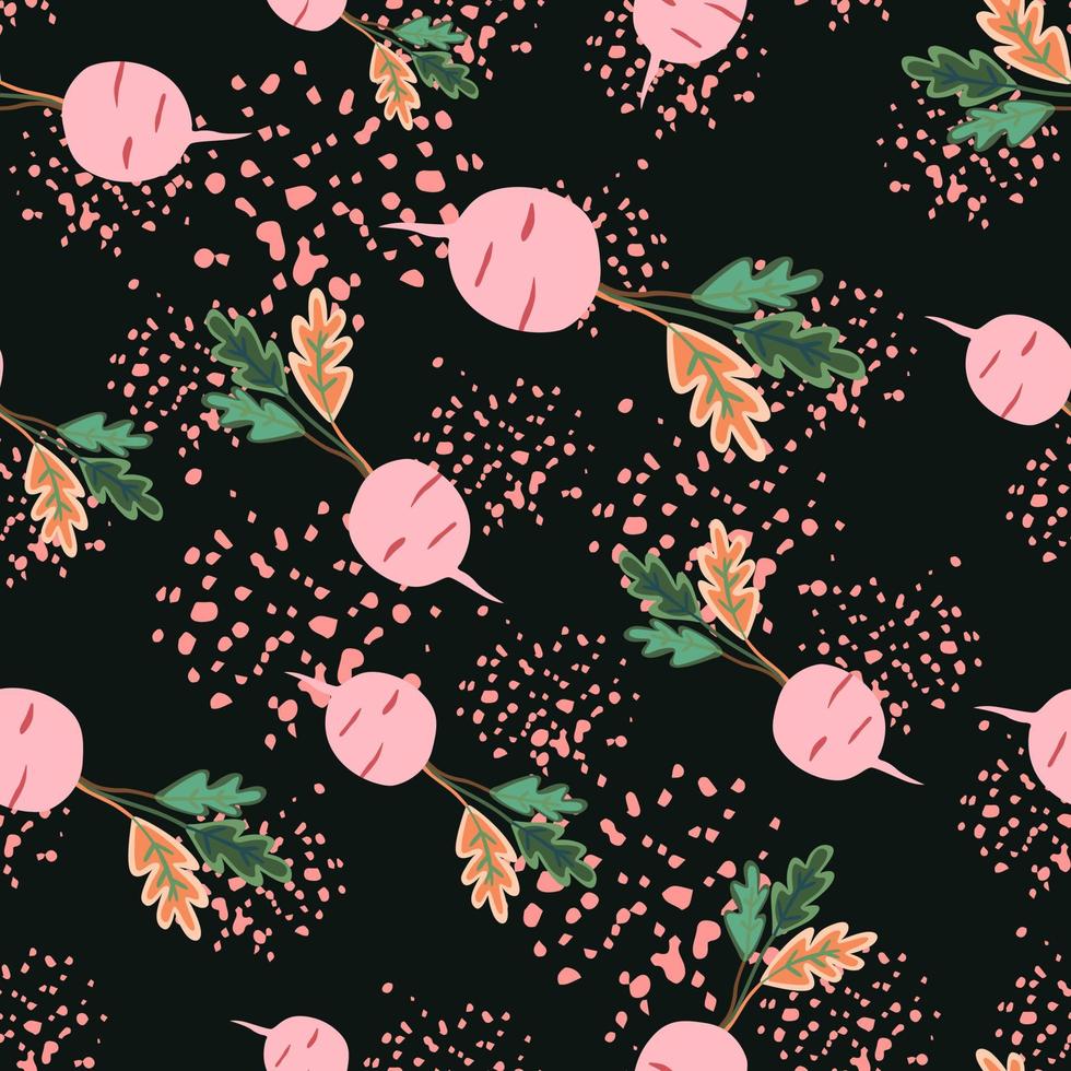 Hand drawn radish seamless pattern. Radish with leaves backdrop. vector