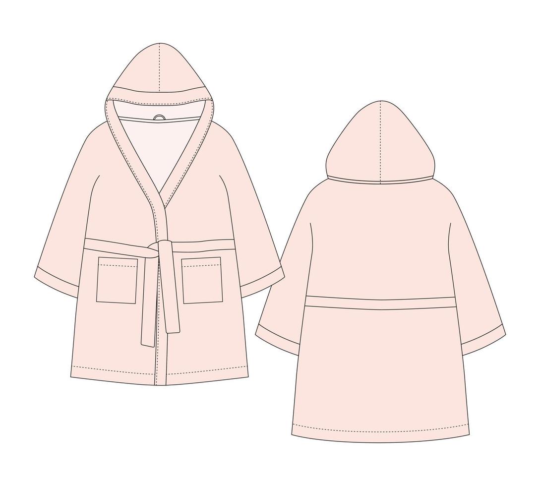 Bathrobe technical sketch. Light peach pink color. Hooded bathrobe with pocket and belt. vector