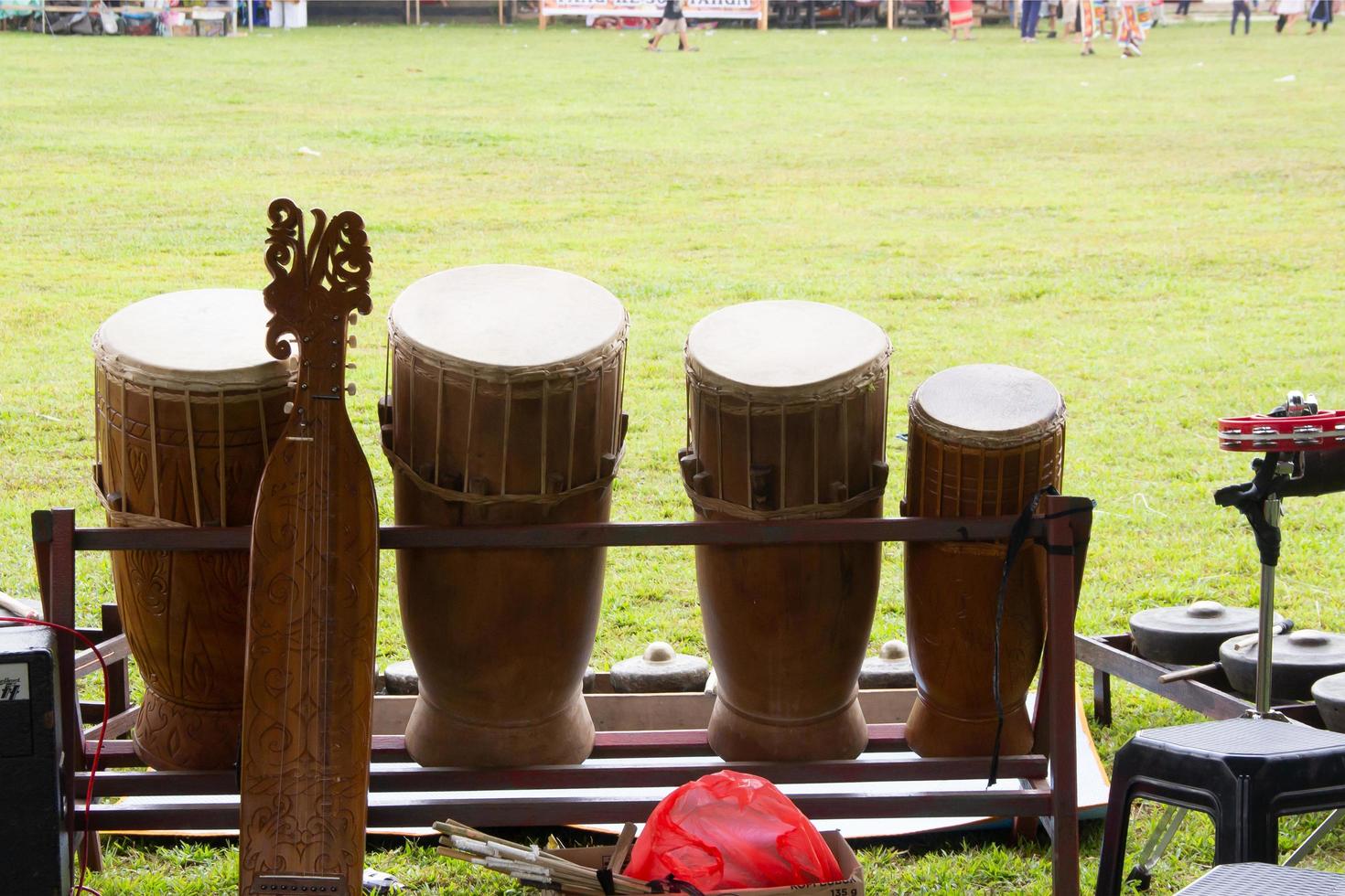 Gendang and Dayak Sampe on a green grass background, gendang and sampe dayak photo