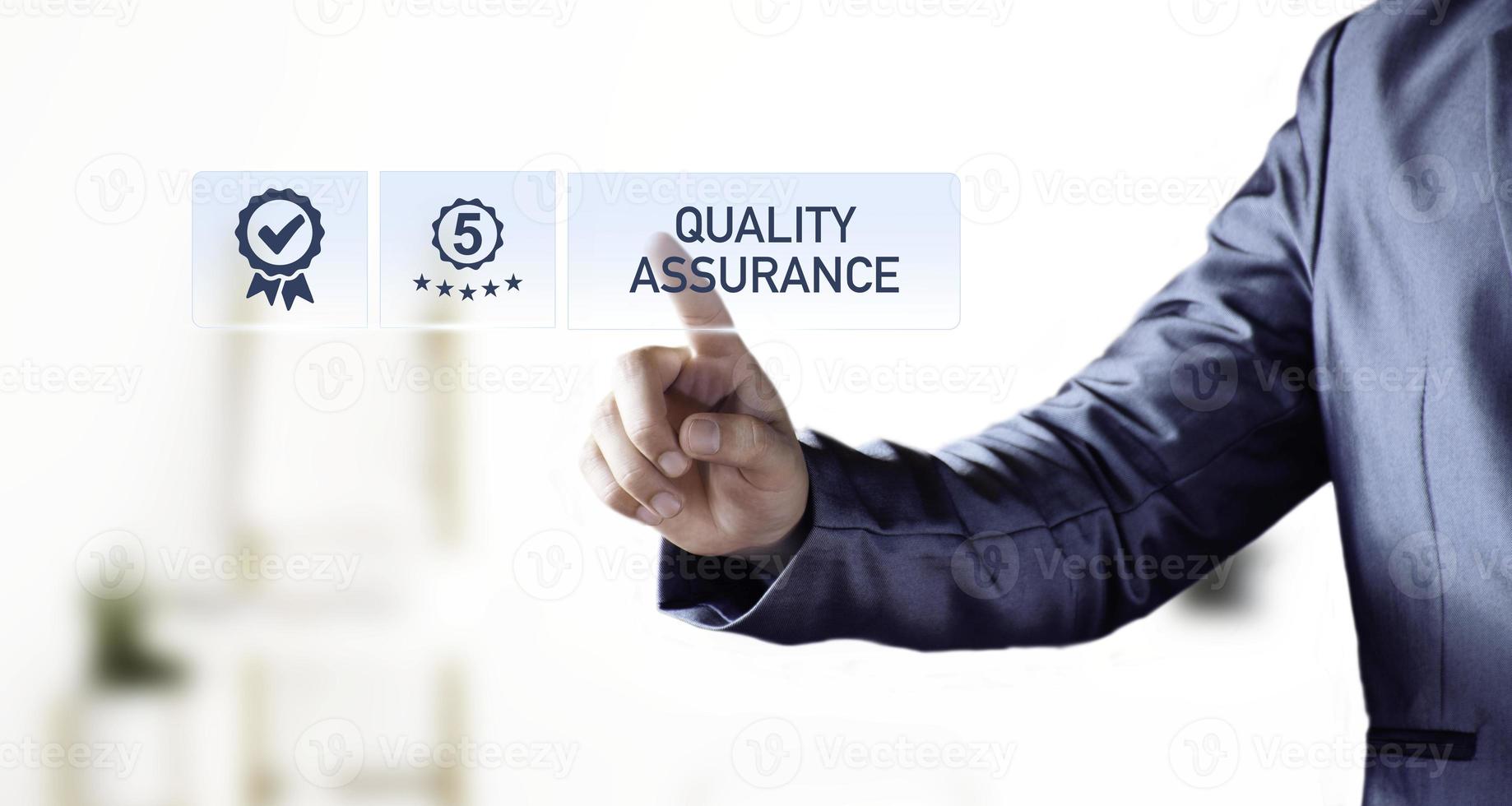 Quality Assurance Concept. Business people show high quality assurance mark, good service, premium, five stars, premium service assurance, excellence service, high quality, business excellence. photo