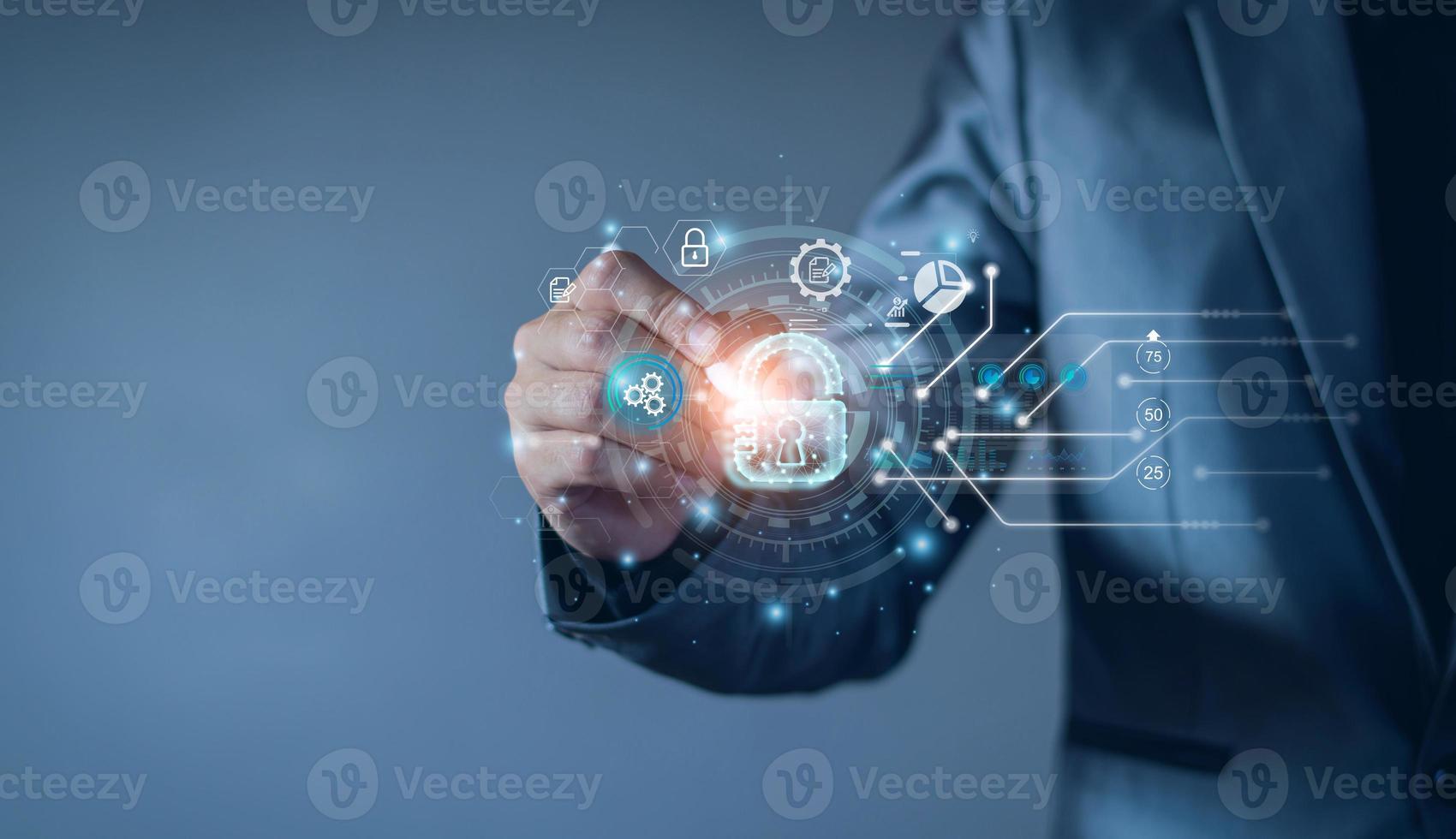 Cyber security network. Padlock icon and internet technology networking. Businessman protecting data personal information on tablet and virtual interface. Data protection privacy concept. GDPR. EU. photo