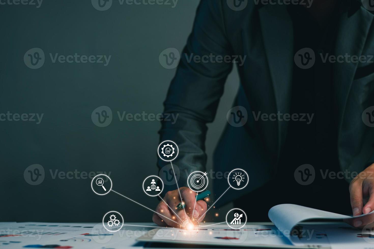 Business analysis concept. Businessman analyzes financial statistics company. Profit statistics graphs, trading, investments, balance sheet accounts. Data analysis prepared before meetings, seminars. photo