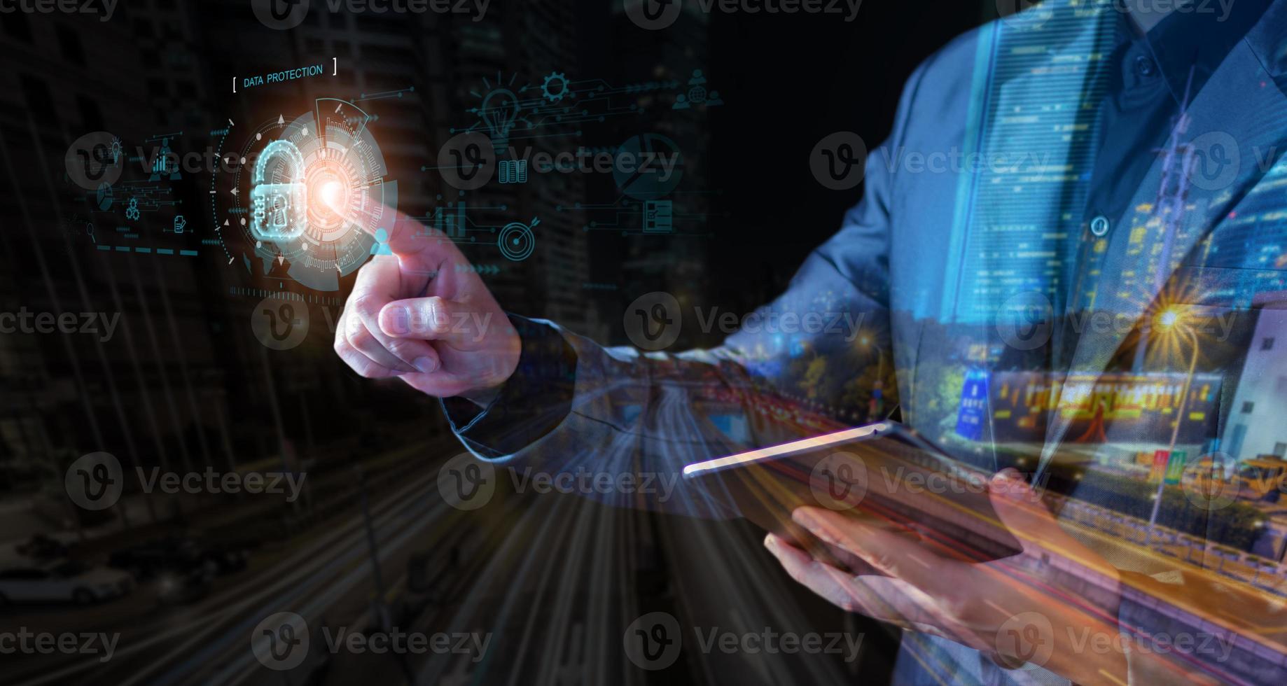 Cyber security network. Padlock icon and internet technology networking. Businessman protecting data personal information on tablet and virtual interface. Data protection privacy concept. GDPR. EU. photo