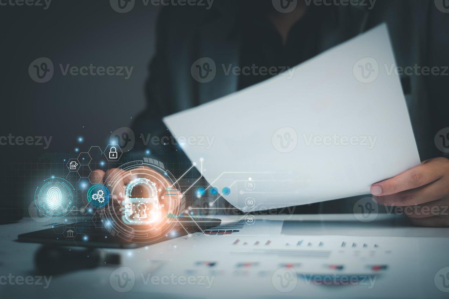 Cyber security network. Padlock icon and internet technology networking. Businessman protecting data personal information on tablet and virtual interface. Data protection privacy concept. GDPR. EU. photo
