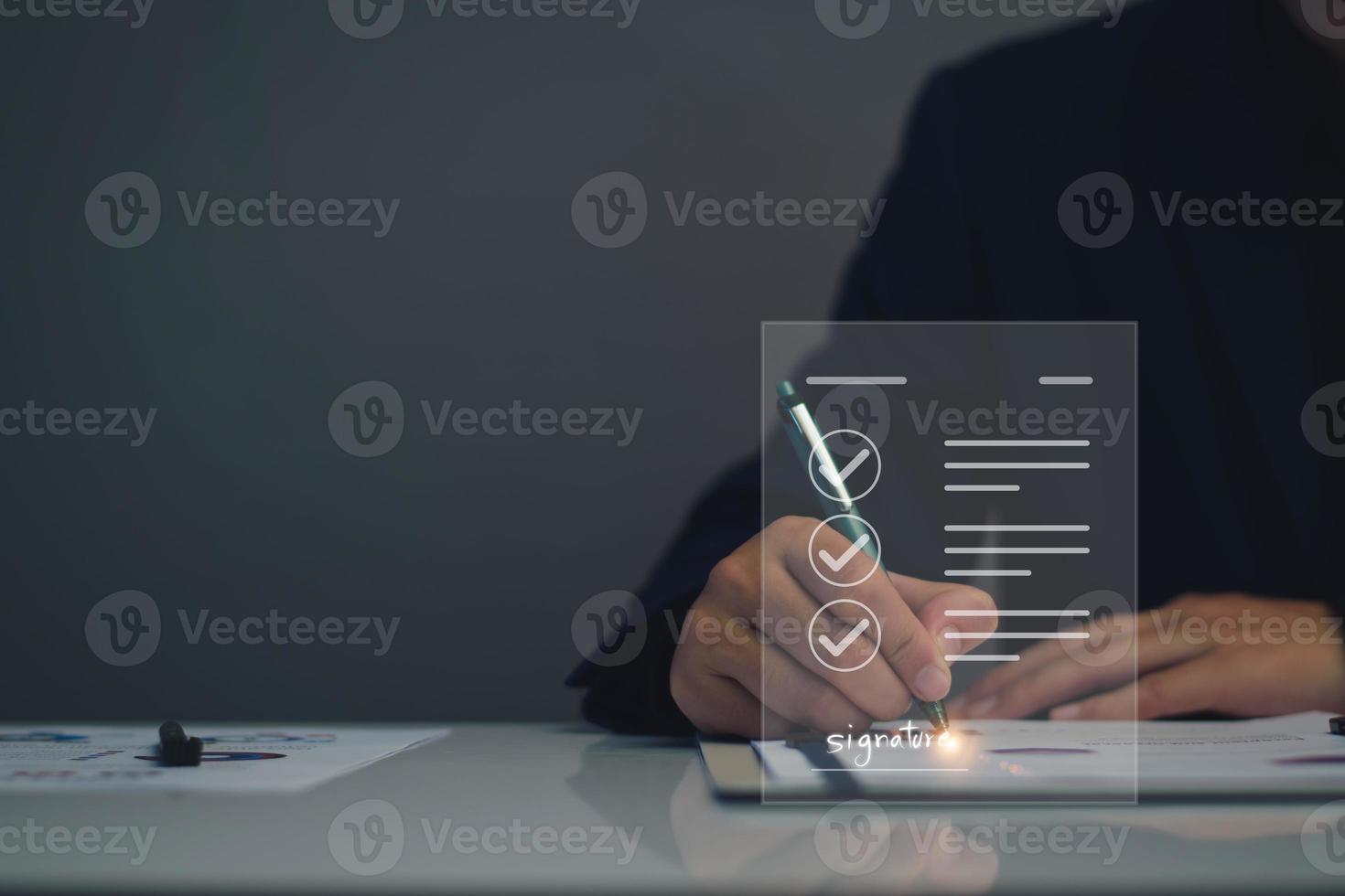 Electronic signature business concept. Manager is electronic sign an agreement, business investment approved, executing plan, project approved. digital signature. electronic document, digital business photo