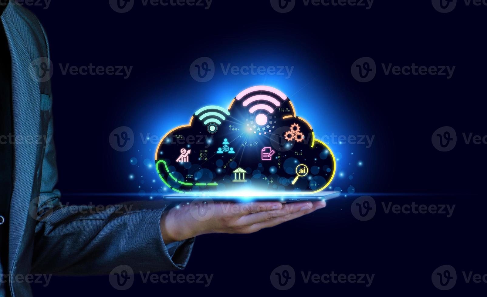 Digital business online concept. Business people use internet wifi to do business online, digital internet wifi, cyber digital transaction, digital business marketing in future, online economy network photo