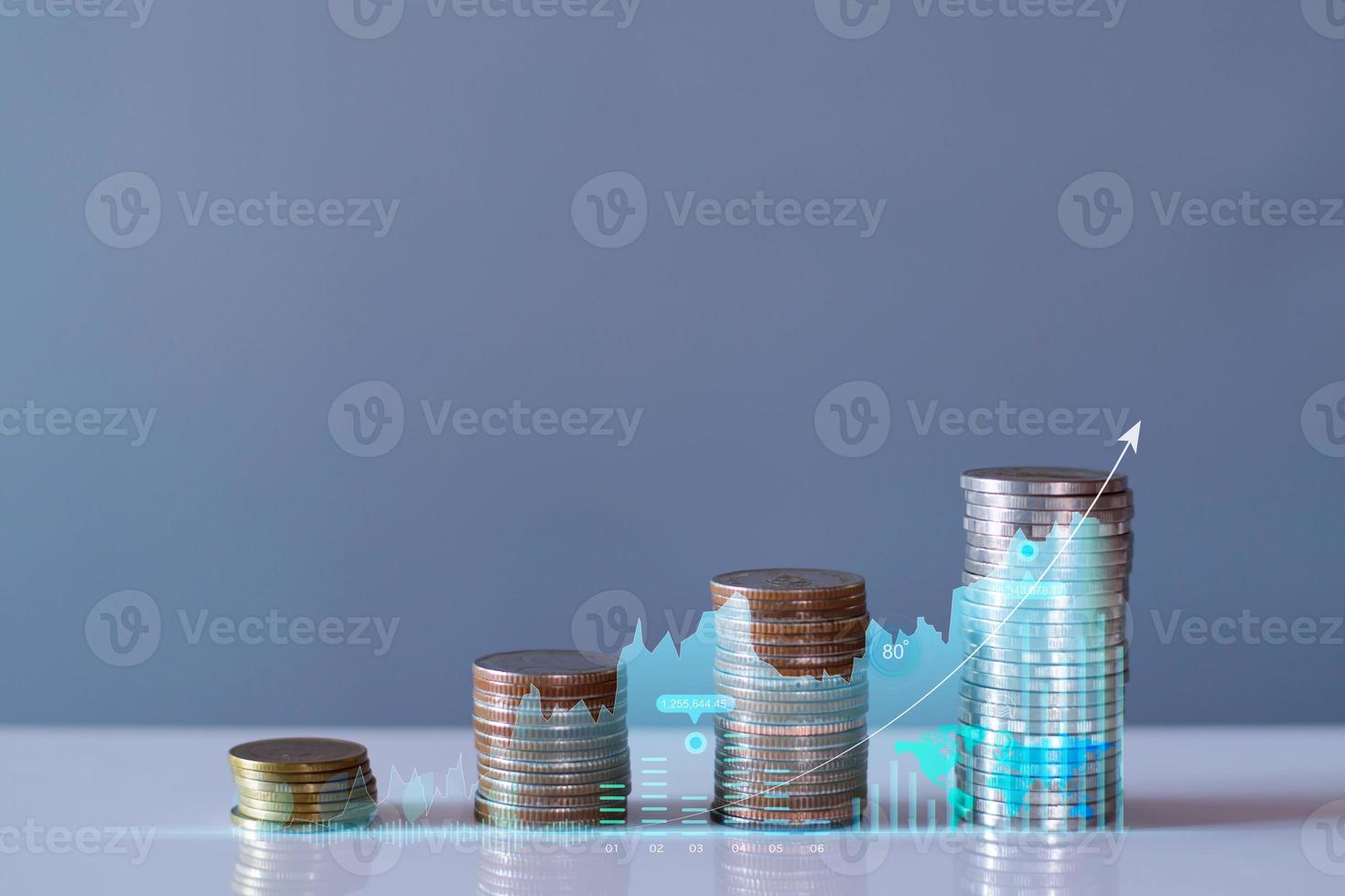 Row of coins for business background, money savings and accounts, bank finance. business concept idea, investments, funds, dividends, financial transactions, trees growing on coins, business growth. photo