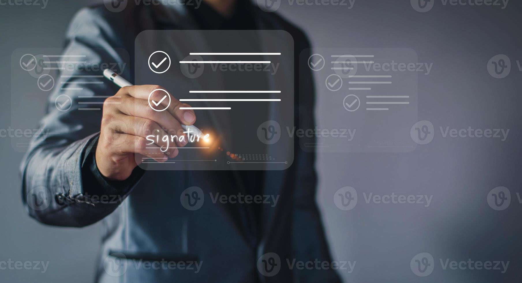 Electronic signature business concept. Manager is electronic sign an agreement, business investment approved, executing plan, project approved. digital signature. electronic document, digital business photo