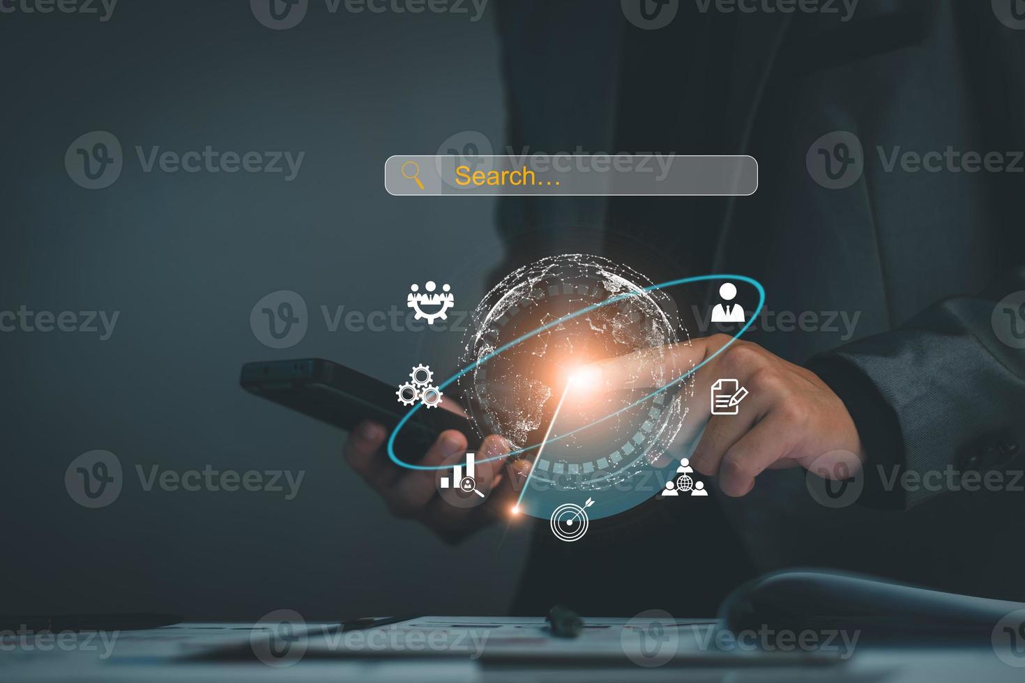 Data Search Technology Search Engine Optimization. Business people are searching for information in digital databases, search jobs, apply online jobs, manage big data bases, business information. photo