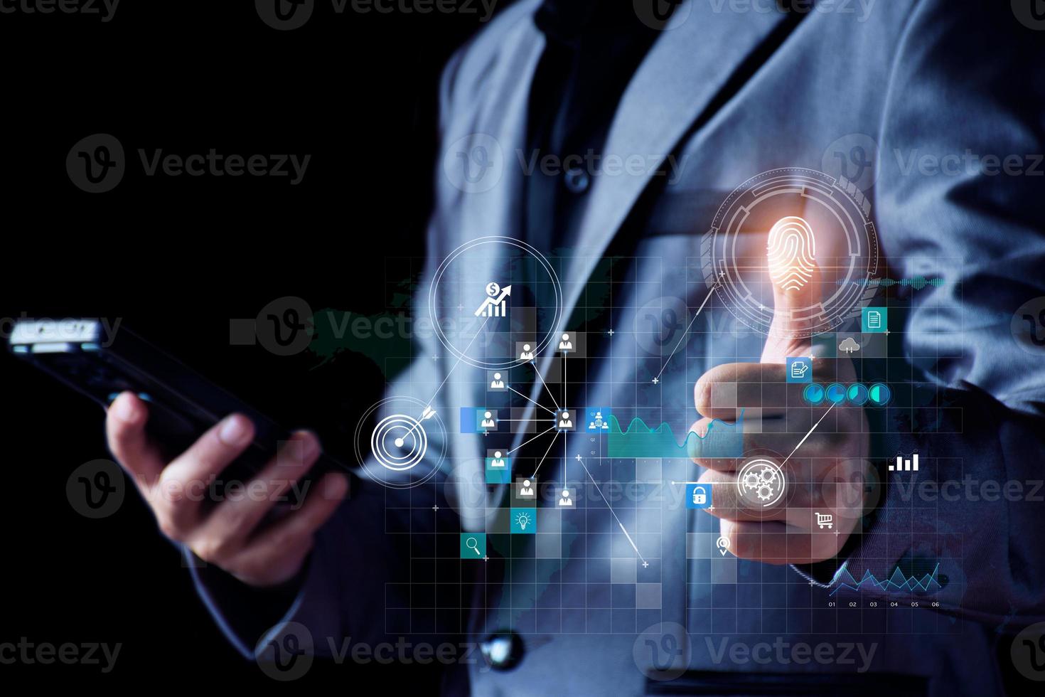 Businessman using mobile smartphone on global network connection on investor and customer with sale data exchange and development of business. Technology and digital marketing. Financial and banking. photo