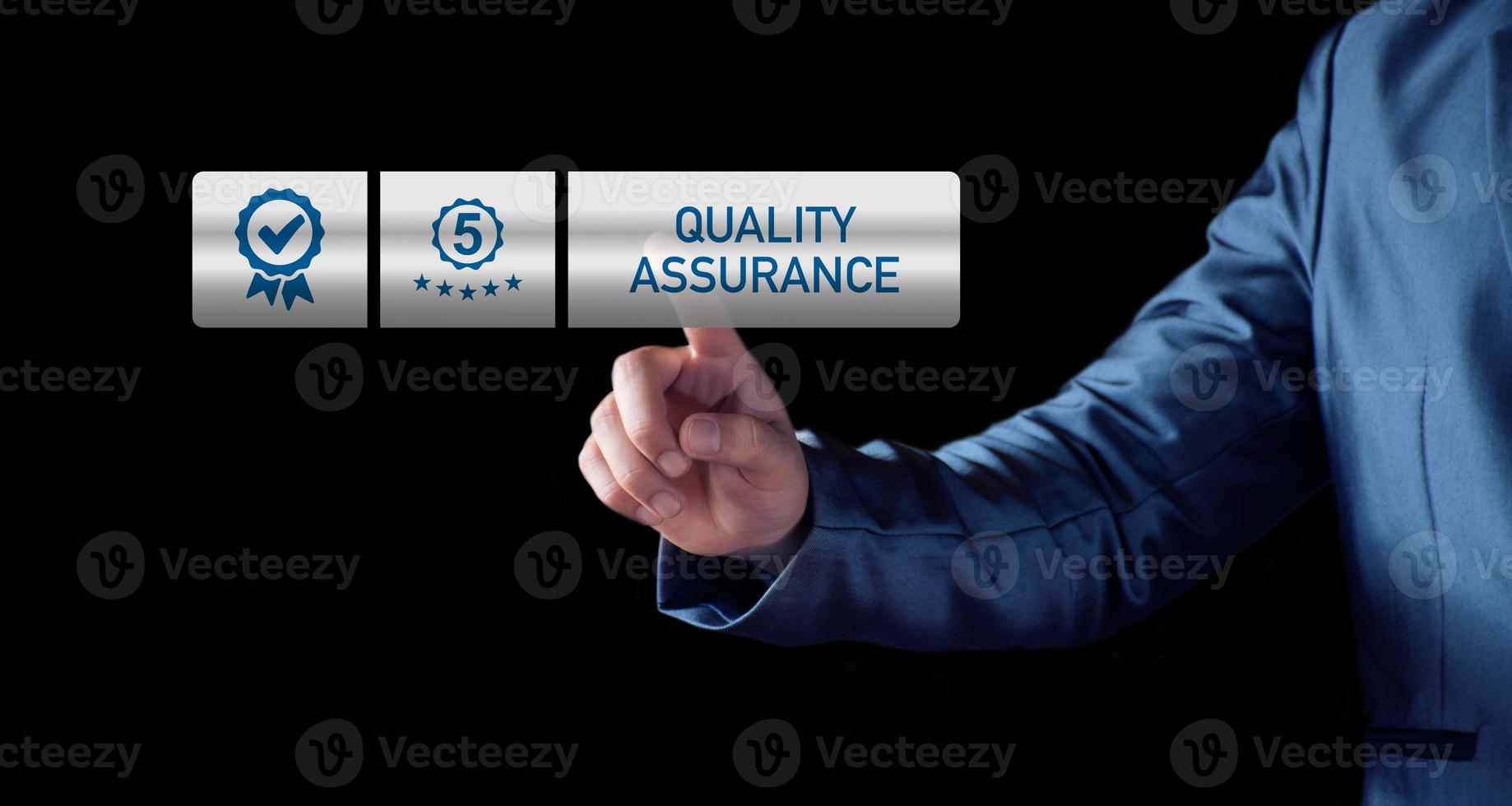 Quality Assurance Concept. Business people show high quality assurance mark, good service, premium, five stars, premium service assurance, excellence service, high quality, business excellence. photo