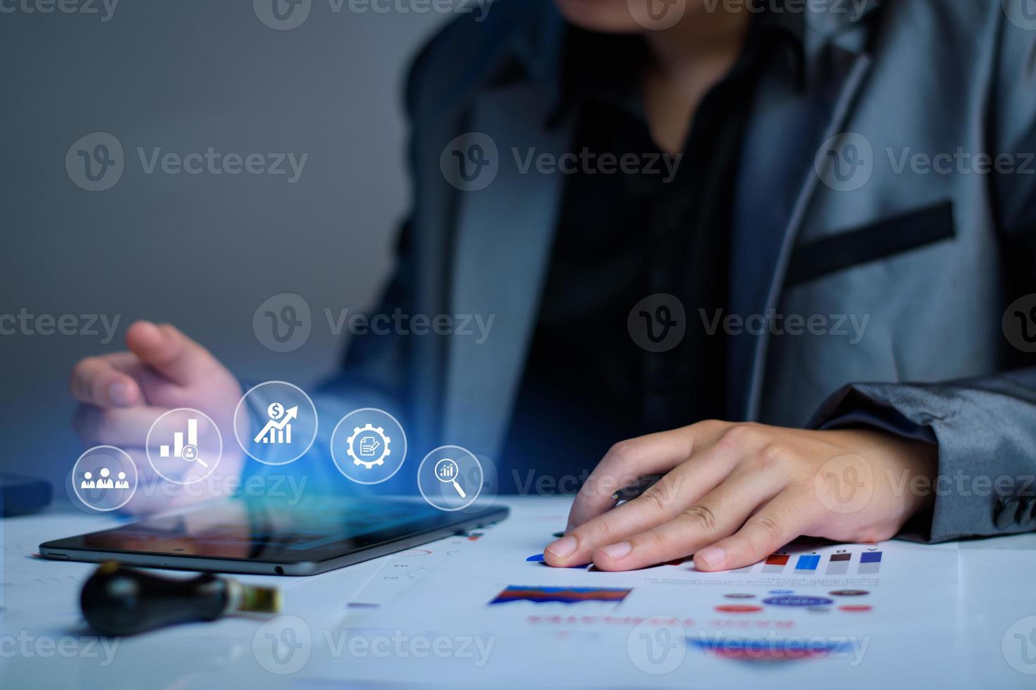Business analysis concept. Businessman analyzes financial statistics company. Profit statistics graphs, trading, investments, balance sheet accounts. Data analysis prepared before meetings, seminars. photo