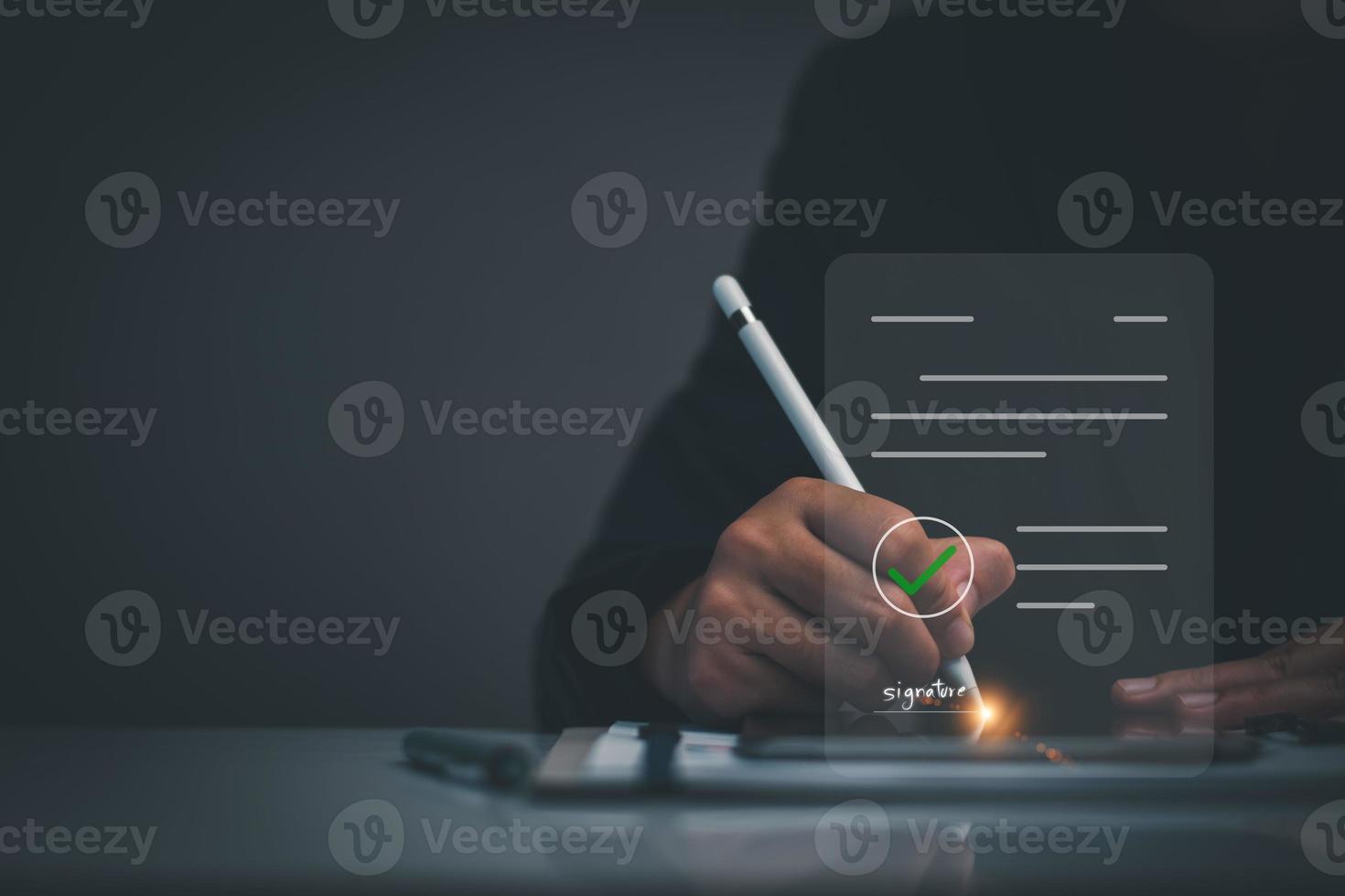 Electronic signature business concept. Manager is electronic sign an agreement, business investment approved, executing plan, project approved. digital signature. electronic document, digital business photo