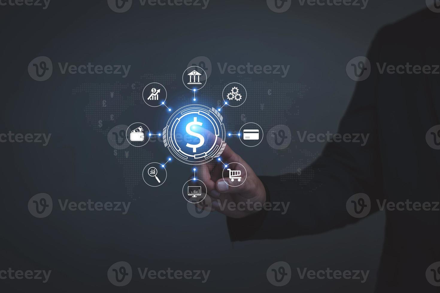 Businessman use digital money for business investment, online digital investment, planning trading and long-term investments, financial planning to increase profits, saving money. with copy space. photo