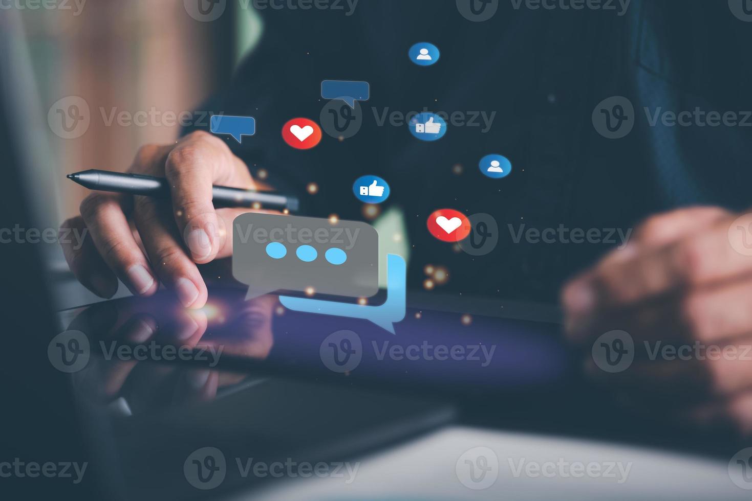 Young businessman using a tablet to work,social media concept internet of things,network connection,social marketing,global social media via smartphone,Talking wirelessly through cyberspace technology photo