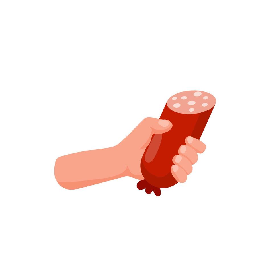 Hand hold sausage. Man offers food. Meat products. Flat cartoon illustration isolated on white vector