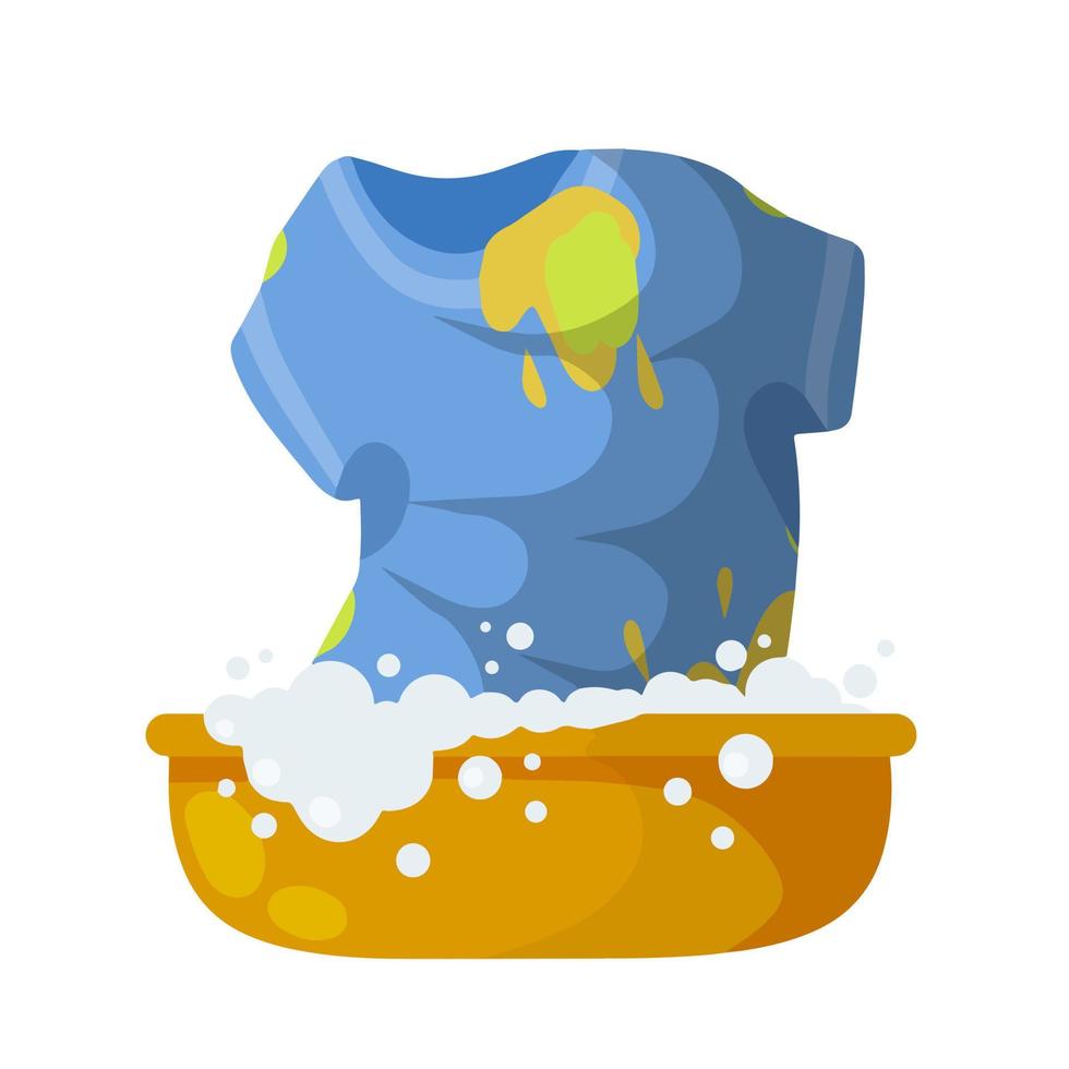 Washing dirty clothes. T-shirt with spots. Basin of soap suds. Detergent and Laundry. Cleanliness and cleaning. Flat cartoon concept vector