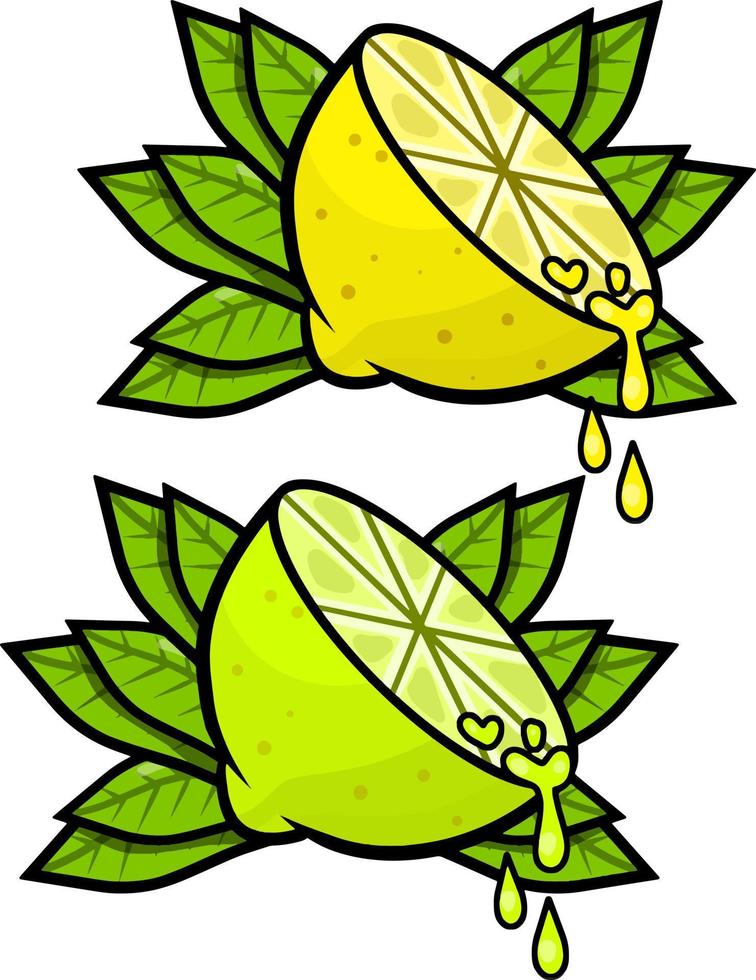 limón y lima verde. fruta agria amarilla. conjunto de objetos con vitamina c. cortar comida ilustración plana de dibujos animados. gota de jugo. logotipo de icono vector