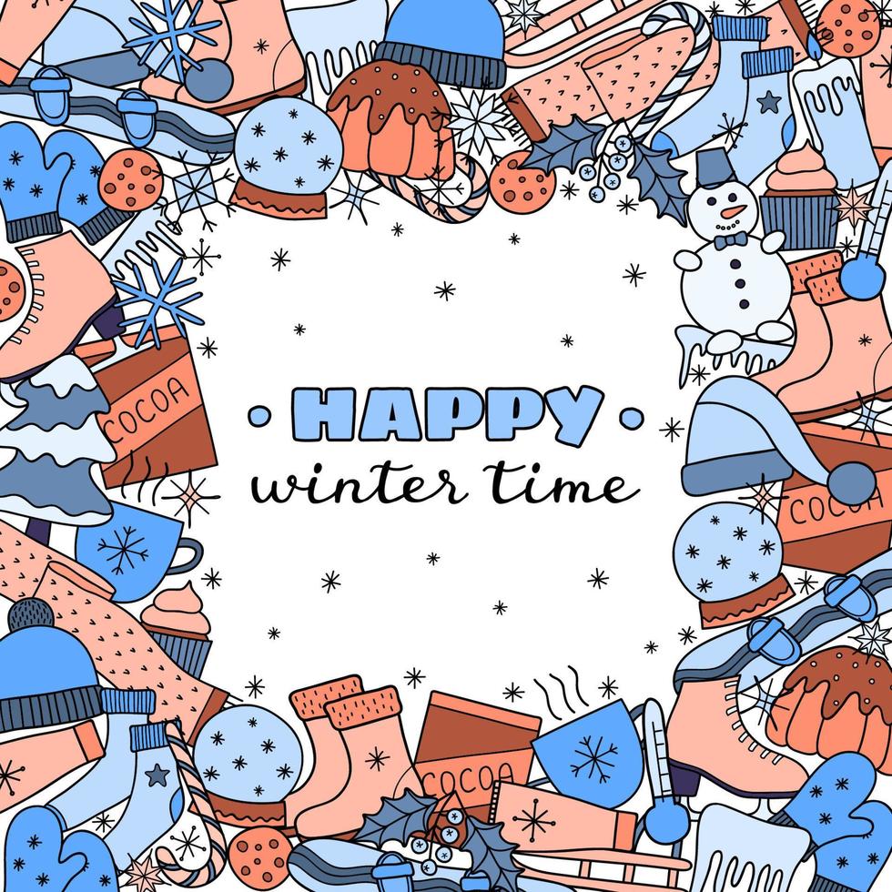 Background with hand drawn winter items. vector