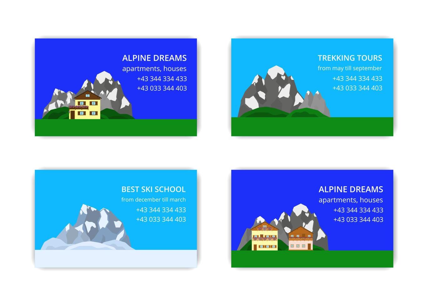 tarjetas de visita con casas alpinas y montañas. vector