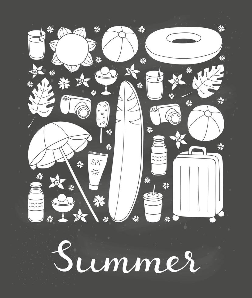 artículos de verano y vacaciones dibujados a mano en forma cuadrada. vector