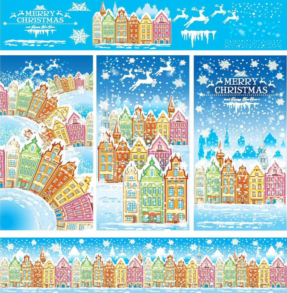 Christmas cards of a snowy old town with illustration elements and pattern brush vector