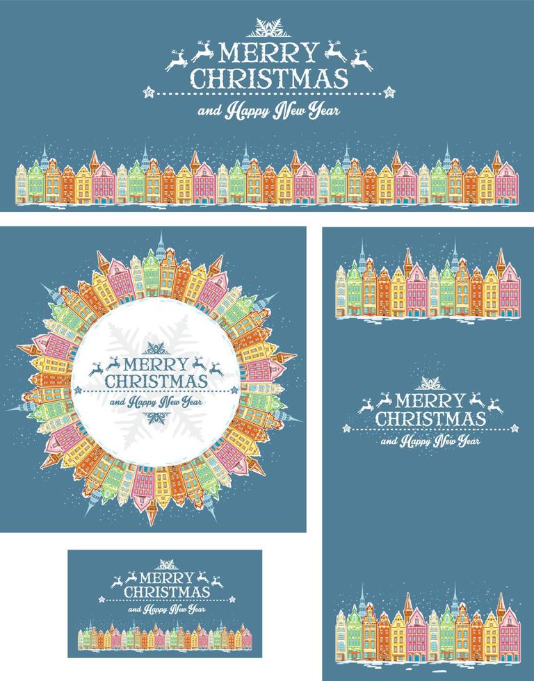 Set of Christmas cards with snowy old town vector